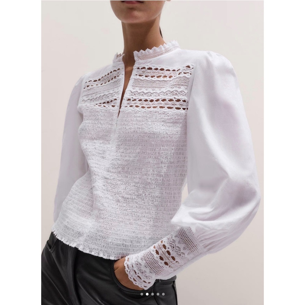 ME+EM Lace Trim Shirred Top White 100% CottonSize Medium Long Sleeve